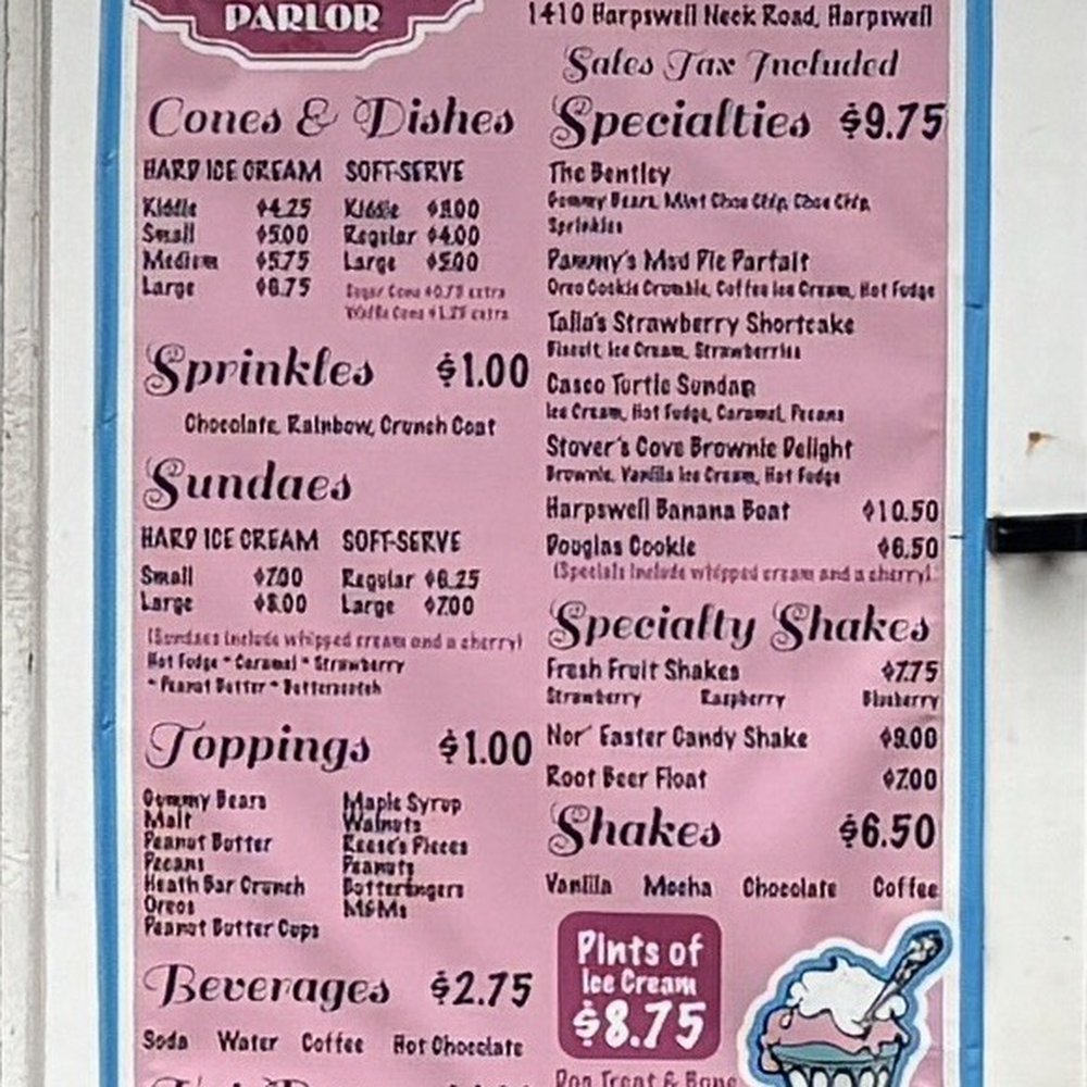 Pammy's ice cream PARLOR - Menu (as of Aug 2025) - Ice Cream & Frozen Yogurt Near Me - Harpswell, Maine Pammy's ice cream PARLOR - Menu (as of Aug 2025) - Ice Cream & Frozen Yogurt Near Me - Harpswell, Maine