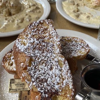 Gravy - Challah French Toast with gravy and biscuits in background. - American Near Me - Portland, Oregon