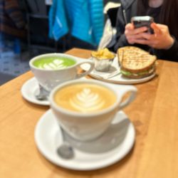 Gibson & Company - Ugh poorly snapped photo!  Latte, matcha latte and smoked trout sandwich.