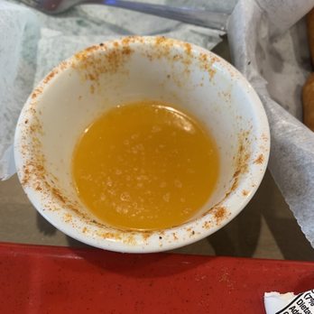 Captain Leonards - Steamed scallops dinner came in this cup with this weird butter broth - Seafood Near Me - Mechanicsville, Maryland
