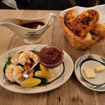 Peter Luger - Jumbo shrimp cocktail and bread - Steakhouses Near Me - Brooklyn, New York