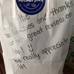 I ordered Aroma Joes yesterday and they left a great personalized message on the bag for me! Thank you so much! I ordered Aroma Joes yesterday and they left a great personalized message on the bag for me! Thank you so much!