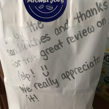 Aroma Joe's - I ordered Aroma Joes yesterday and they left a great personalized message on the bag for me! Thank you so much! - Coffee & Tea Near Me - Salisbury, Massachusetts Aroma Joe's - I ordered Aroma Joes yesterday and they left a great personalized message on the bag for me! Thank you so much! - Coffee & Tea Near Me - Salisbury, Massachusetts