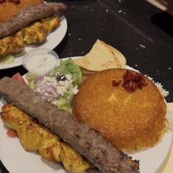 Koobideh and chicken kabob combination with tahdig rice upgrade