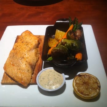 Seasons 52 - Cedar plank salmon with veggies and sub potatoes for Brussels sprouts..amazing! - New American Near Me - Jacksonville, Florida Seasons 52 - Cedar plank salmon with veggies and sub potatoes for Brussels sprouts..amazing! - New American Near Me - Jacksonville, Florida