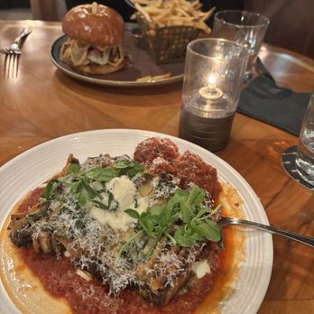 Saint & Second - Got the 100 Layer Lasagne with meat balls & my bf got the S&S Signature Burger - New American Near Me - Long Beach, California