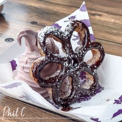 Knott's Boysenberry Festival - Chocolate Dipped Boysenberry Buñuelo with Boysenberry Ice Cream and Powdered Sugar (2025)