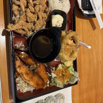 Sushi Tanuki - Bento Box- Karaage chicken, salmon, cali roll, shrimp/veggie tempura. Came with miso soup too (not pictured). - Sushi Bars Near Me - Las Vegas, Nevada Sushi Tanuki - Bento Box- Karaage chicken, salmon, cali roll, shrimp/veggie tempura. Came with miso soup too (not pictured). - Sushi Bars Near Me - Las Vegas, Nevada
