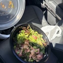 Medium bowl salad, (2) scoops of tuna, (1) scoop spicy scallops. Seaweed salad, beans, sauce.