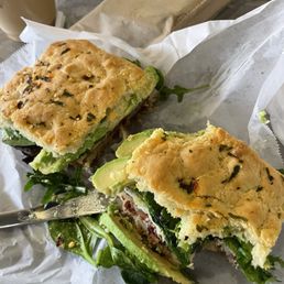 Turkey focaccia sandwich. Bacon was on the sandwich (I don't eat bacon) and the focaccia bread was stale and dry. Turkey focaccia sandwich. Bacon was on the sandwich (I don't eat bacon) and the focaccia bread was stale and dry.