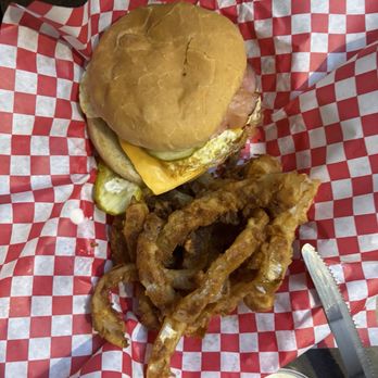 Dinkers Bar and Grill - Hay stack burger with onion rings - Burgers Near Me - Omaha, Nebraska