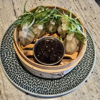 Juju - Pork & chive dumplings with red chili, soy, steamed (5 pieces) - Tapas/Small Plates Near Me - Durham, North Carolina