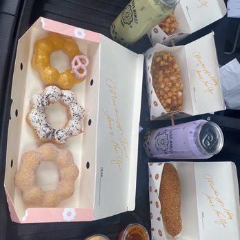 Mochinut - Concord - Mango, cookies &cream , ube churro donuts, potato mozzarella corndog, rice corndog with mozzarella, matcha green tea boba and ube boba - Donuts Near Me - Concord, California