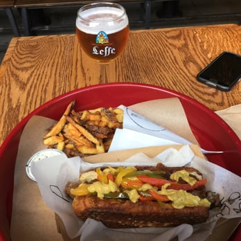 Wursthaus - Nice dogs: Buffalo with Peppers and Oinions, Leffe Blonde - Pubs Near Me - Santa Ana, California Wursthaus - Nice dogs: Buffalo with Peppers and Oinions, Leffe Blonde - Pubs Near Me - Santa Ana, California