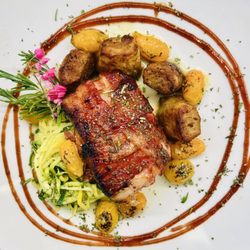 Swigs and Grinds - Bacon wrapped meatloaf, fondant potatoes and zucchini ribbons