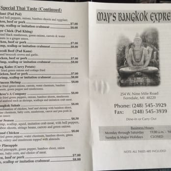 May's Bangkok Express - Menu as of 05/21/2016 - Thai Near Me - Ferndale, Michigan May's Bangkok Express - Menu as of 05/21/2016 - Thai Near Me - Ferndale, Michigan