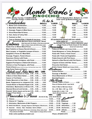 Menu photo 1 Pinocchio Restaurant Burbank, CA