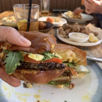 Spinning Bones - Veggie Burger with toppings - a bit messy but delicious - New American Near Me - Alameda, California Spinning Bones - Veggie Burger with toppings - a bit messy but delicious - New American Near Me - Alameda, California