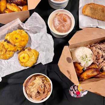 Cuba Cuba - Tostones; Sweet Plantains; Tres Leches Cake; Empanada (mushroom; super tasty!); Lechon Asado (Roasted Pork) - Plate - Cuban Near Me - Glendale, Colorado