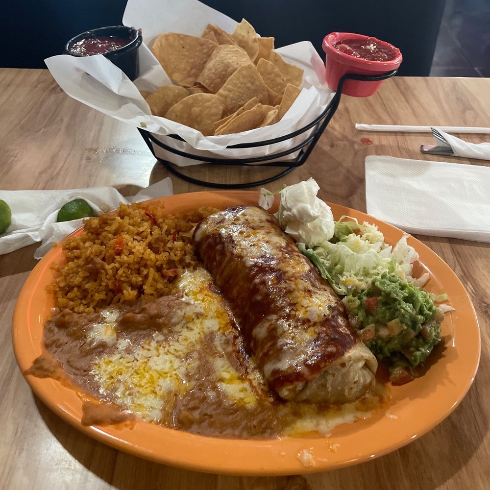 Crossroads Restaurant - Beef burrito enchilada style with rice and beans, lunch special. - Mexican Near Me - Tucson, Arizona