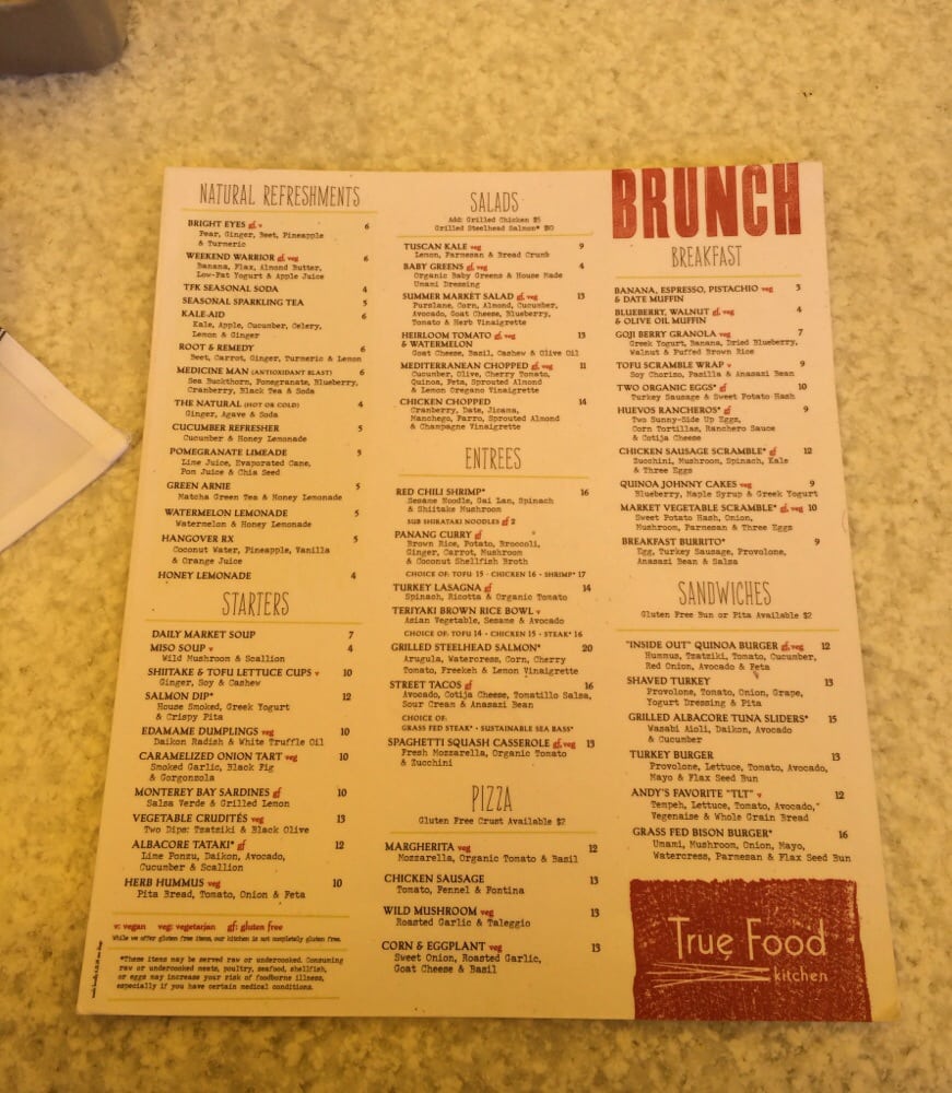 True Food Kitchen Brunch Lunch Menu Yelp