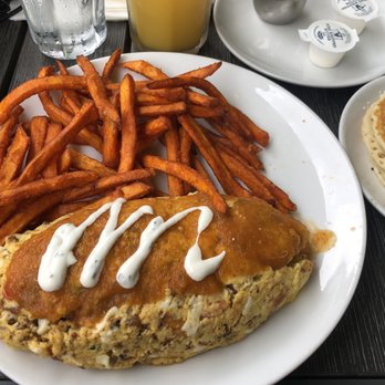 Eggsperience Cafe - *The Ranchero Omelet with sweet potato fries and a side of *Pancakes - Breakfast & Brunch Near Me - Chicago, Illinois Eggsperience Cafe - *The Ranchero Omelet with sweet potato fries and a side of *Pancakes - Breakfast & Brunch Near Me - Chicago, Illinois
