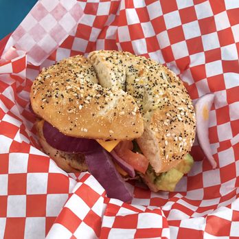 The Corner Store - Breakfast Sandwich on Everything Bagel with Tomato, Red onion and Avocado added (IG: @EatStatus) - Sandwiches Near Me - San Pedro, California