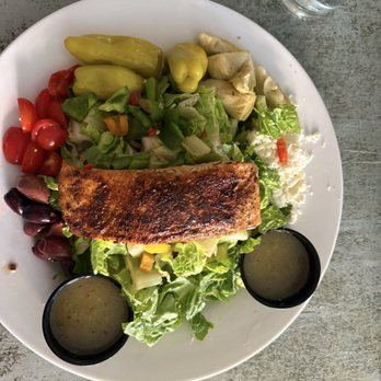 The Bistro - Greek Salad with blackened salmon - American Near Me - Brooksville, Florida The Bistro - Greek Salad with blackened salmon - American Near Me - Brooksville, Florida