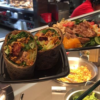 Panda Express - Sample plates of the scallion pancake burrito and the chicken salad - Chinese Near Me - Hacienda Heights, California Panda Express - Sample plates of the scallion pancake burrito and the chicken salad - Chinese Near Me - Hacienda Heights, California