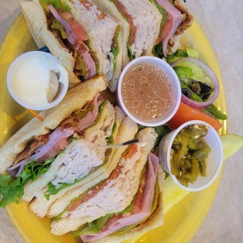 Peppers Grill & Bar - My double decker club with side salad vs fries. - American Near Me - Roswell, New Mexico