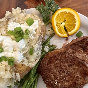 Johnny McNally’s Fairview Lodge - 14 oz Nee York steak, Baked Potato with green beans. - American Near Me - Kernville, California