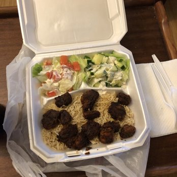Kebab Den - Lamb Shesh Kabab over rice with salad - Kebab Near Me - Bangor, Maine Kebab Den - Lamb Shesh Kabab over rice with salad - Kebab Near Me - Bangor, Maine