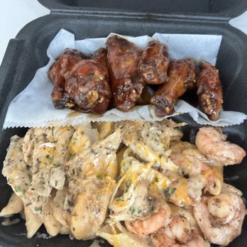 Hungry AF - Teriyaki wings with shrimp and chicken Alfredo - Pasta Shops Near Me - Smyrna, Georgia