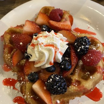 Cafe Republic - This is a mixed berry waffle from Cafe Republic.  The waitress was courteous, and the food was fresh. - Breakfast & Brunch Near Me - Fort Worth, Texas