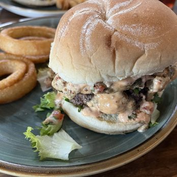 Market Street Grill - Boud Boudin Burger w onion rings - American Near Me - Tomball, Texas