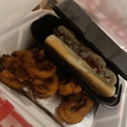 a hot dog and onion rings in a styrofoam container