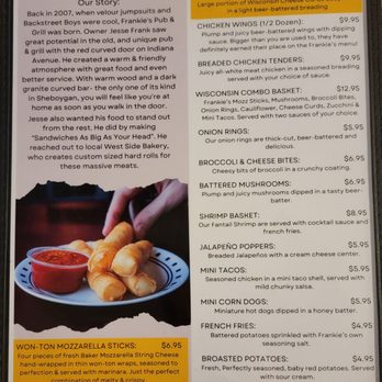 Frankies Pub & Grill - Menu as of 10/7/2023 - Pubs Near Me - Sheboygan, Wisconsin Frankies Pub & Grill - Menu as of 10/7/2023 - Pubs Near Me - Sheboygan, Wisconsin