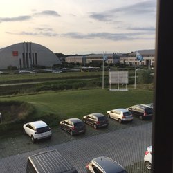 Congres Hotel Van der Valk Mons - View from room at hotel, Mons Expo Center is directly across from the hotel and the Grand Prix can be seen behind it.