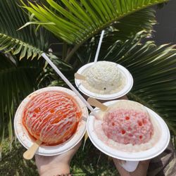 Coconut, mango/pineapple and lychee/strawberry + toppings & ice cream.
