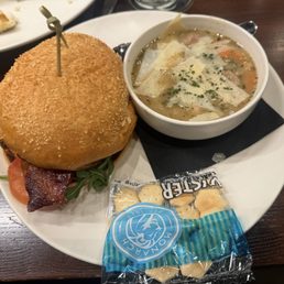 Maple barbecue chicken sandwich with sausage and bean soup. Maple barbecue chicken sandwich with sausage and bean soup.