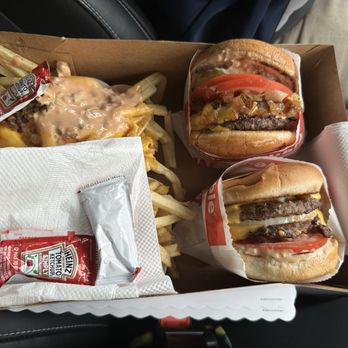 In-N-Out Burger - Set up for eating in car! So awesome! Animal fries, animal burger and double burger. - Burgers Near Me - Los Angeles, California
