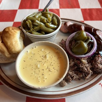 Smokin' Joe's Ribhouse - 2 meat combo with brisket, sausage, green beans, and mac/cheese - Barbeque Near Me - Rogers, Arkansas