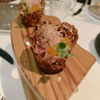 Spago - CA Tasting Menu: Spicy Tuna Tartare, Sesame Miso Tuille Cone amuse bouche - New American Near Me - Beverly Hills, California Spago - CA Tasting Menu: Spicy Tuna Tartare, Sesame Miso Tuille Cone amuse bouche - New American Near Me - Beverly Hills, California