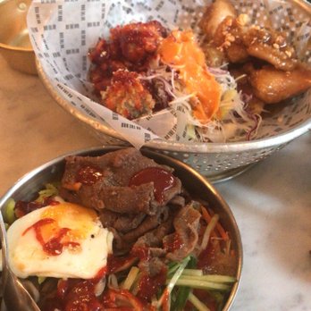 On The Bab - Back: Yangyum Chicken, front: Beef Bibimbab - Korean Near Me - London, XGL On The Bab - Back: Yangyum Chicken, front: Beef Bibimbab - Korean Near Me - London, XGL