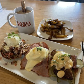 Early Bird - Benny Sampler Rancho benedict / pork belly benedict / traditional benedict - New American Near Me - Fullerton, California