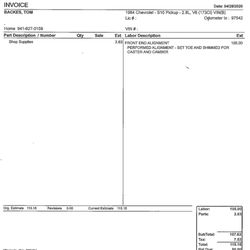 Mr Front End Inc & Rv Services Unlimited - Bill from Mr. Front end for alignment on 84 Chevy S-10