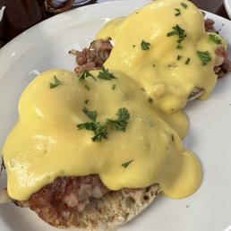 Hash Royal has corn beef hash under poached eggs