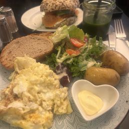 Goat cheese scramble, lox bagel, green smoothie Goat cheese scramble, lox bagel, green smoothie