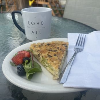 The Loft Coffee House - Special Broccoli & Mushroom Quiche with drip coffee in the mug I grabbed off the wall - Coffee & Tea Near Me - Spring Branch, Texas