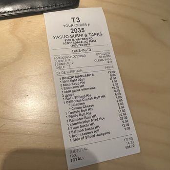 Yasuo Sushi & Tapas - Not that bad for the amount of food ordered... - Sushi Bars Near Me - Scottsdale, Arizona Yasuo Sushi & Tapas - Not that bad for the amount of food ordered... - Sushi Bars Near Me - Scottsdale, Arizona
